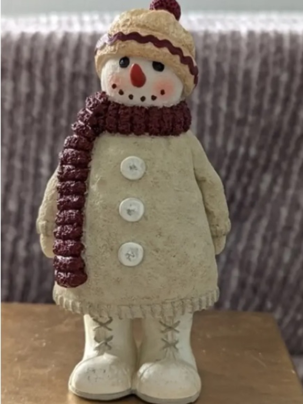 Cream Snowman Figurine with Burgundy Hat and Scarf